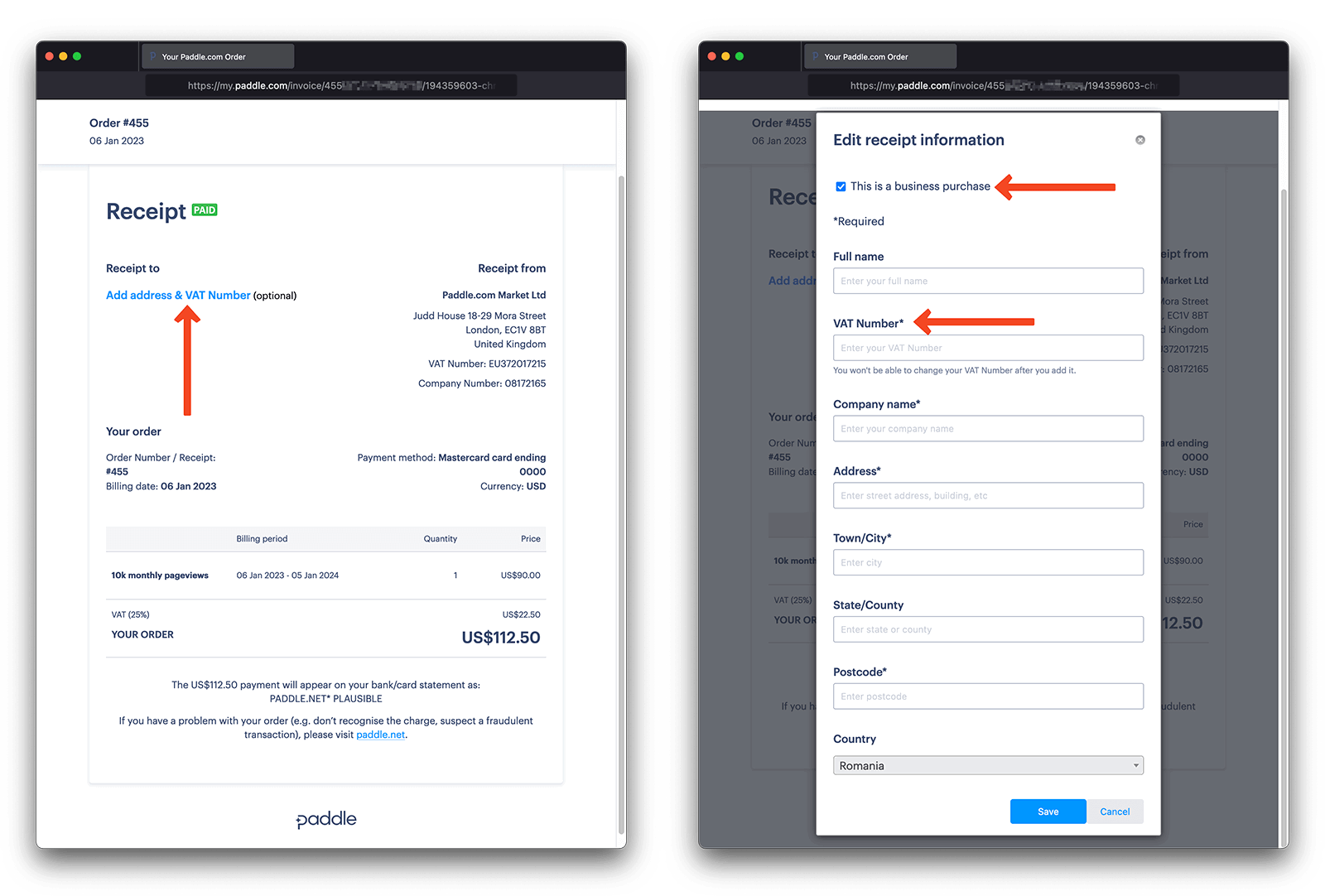 Edit invoice to add business details